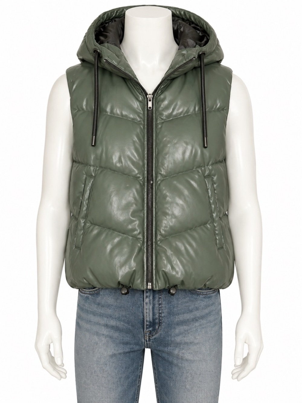 Fashion Nova Olive Green Quilted Leather Puffer Hooded Vest